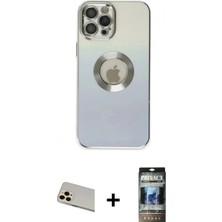 İlk El Grup Ieg™ iPhone 12 Pro Kutup Yansıma Özel Seri - Siyah 34D Hayalet Izgaralı Cam + Gold Rainbow Kamera Lens Koruma Cam