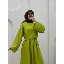 Moda Morfo Bisiklet Yaka Bluz Etek Keten Takım -F.Yeşili