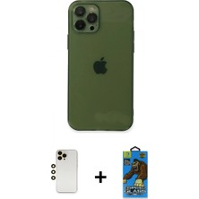 İlk El Grup Ieg™ iPhone 12 Pro Max Ahenk Doku - Siyah 18D Cam Ekran Koruyucu + Gold Shine Kamera Lens