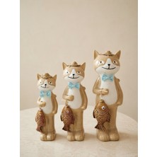 Decovio 3'lü Balık Tutmuş Sevimli Kedi  Figürlü Biblo Polyester 16X19X23 cm