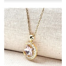 Premium Paslanmaz Çelik Ay ve Pembe Yıldız Gold Kolye