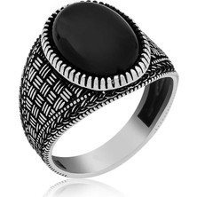 Pazarcan Gümüş Oniks Taşlı Örgü Desenli Erkek Yüzük