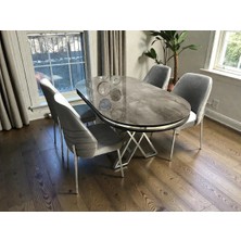 Msy Home 4 Kişilik Monaco Stil Krom Çizgili Gri Yönsüz Kumaş Ironi Oval Masa Modern Yemek Odası Seti
