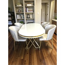 Msy Home 4 Kişilik Berya Beyaz Oval Masa Gold Ayak Yönsüz Kumaş Modern ve Şık Yemek Odası Takımı