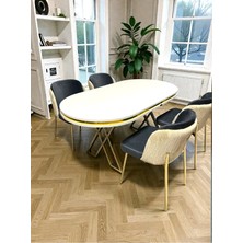 Msy Home 4 Kişilik Aura Gold Serisi Beyaz Lake Oval Yemek Masası ve Puffy Antrasit Sandalye Takımı Modern