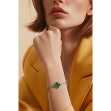 Lykos Çelik Gold Renk Çizgili Yeşil Mineli Yonca Bileklik
