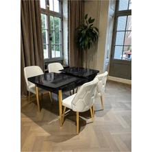 Msy Home 4 Kişilik Asil Gold Serisi Kelebek Siyah Mermer Desenli Yemek Masası Takımı
