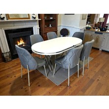 Msy Home 6 Kişilik Naz Serisi Krom Beyaz Masa Yönsüz Kumaş Lüks ve Modern Yemek Odası Takımı