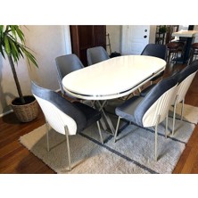 Msy Home 6 Kişilik Milano Krom Serisi Oval Beyaz Lake Masa Yönsüz Kumaş Modern ve Şık Yemek Takımı