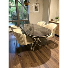 Msy Home 4 Kişilik Berya Ironi Oval Masa Krom Ayak Yönsüz Kumaş Modern ve Şık Yemek Odası Takımı