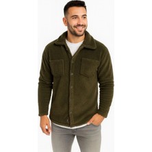 Giyim Center Erkek Pelüş Polar Hırka Gömlek Yakalı Ilik Düğmeli Göğüs Cepli Yumuşak Dokulu - Haki