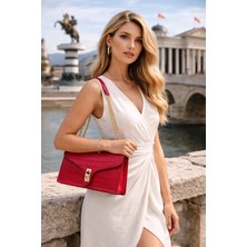 Duki Daso Türkiye Kırmızı Gold Kilit Detaylı Kroko Kadın Omuz Çantası | Kırmızı MT1554