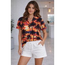 Giyim Center Kadın Tropikal Palmiye Desenli Gömlek Şort Takım Yazlık Rahat Kalıp - Desenli