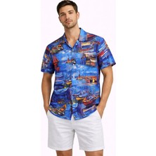 Giyim Center Erkek Marin Desenli Kısa Kol Gömlek Yazlık Rahat Kalıp Dijital Baskılı - Desenli