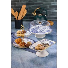 Pinkev Spring 3 Parça Seramik Kurabiyelik Pasta Kek Fanusu Sunum Tabağı Seti