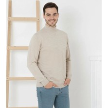 Giyim Center Erkek Yarım Boğaz Triko Yumuşak Ince Dokulu Pamuklu Uzun Kollu Kazak - Krem