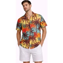 Giyim Center Erkek Tropikal Palmiye Desenli Kısa Kol Gömlek Yazlık Rahat Kalıp Dijital Baskılı - Desenli