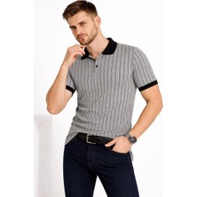 Giyim Center Erkek Polo Yaka Çizgili Tişört Kısa Kol Düğmeli Yazlık T-Shirt - Gri