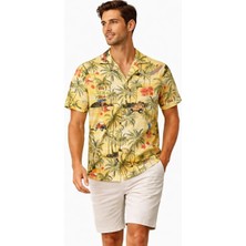 Giyim Center Erkek Tropikal Palmiye Desenli Kısa Kol Gömlek Hawaii Tarz Yazlık Rahat Kalıp - Desenli