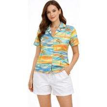 Giyim Center Kadın Yazlık Tropikal Desenli Gömlek Şort Takım Rahat Kalıp Tatil Kombin  - Desenli