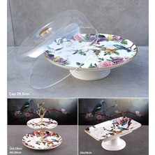 Pinkev Flore 3 Parça Seramik Kurabiyelik Pasta Kek Fanusu Sunum Tabağı Seti