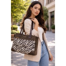 Duki Daso Türkiye Kahverengi Zebra Desen Ön Cepli Kadın Omuz Çantası | Kahverengi T8346