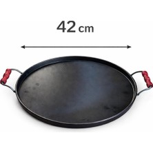 42 cm Kenarlı Kavurma Sacı – Geleneksel Et Sacı-Tahta Kulplu Kara Sac Tava