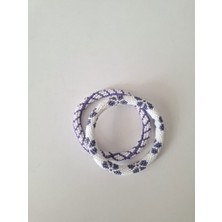 El Yapımı  Hapishaneişi Mor Beyaz Çiçekli 2'li Boncuk  Bileklik