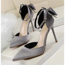 Felisya Butik Fiyonk Detaylı Gri Saten Topuklu Ayakkabı 10,5 Cm-Felisyabutik