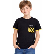 Barkod Kids Erkek Çocuk Confort Yazı Desenli Cepli  Siyah Renk Kısa Kol Tişört