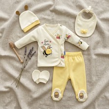 Asyaden Baby Kız Bebek Erkek Bebek %100 Pamuk Arı Desenli Yenidoğan Zıbın 5 Parça Hastane Çıkış Seti