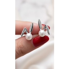 Atalya Accessory Tavşan Kulak Tasarımlı Incili Gümüş Renk Küpe - Minimalist - Kararmaz
