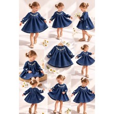 Asyaden Baby Kız Bebek Yakası Nakışlı Şık Bayramlık Yumuşak Pamuklu Kot Elbise