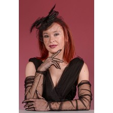 Sed da Exclusive Siyah Dantelli  Gelin  Kepi  Nikah Şapkası  ve  Uzun  Tül Gelin Eldiveni  Kombin  Set