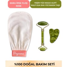 Beyzana 3’lü Premium Set Ekru Ipek Kese & Yeşim Yüz Masaj Aleti & Kalp Gua Taşı