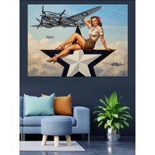 Artmeg Uçak Kanadında Oturan Retro Kadın Dekoratif Kanvas - Mdf Ahşap Tablo