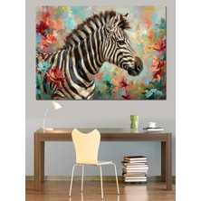 Artmeg Çiçeklerle Süslü Modern Zebra Portresi Dekoratif Kanvas - Mdf Ahşap Tablo