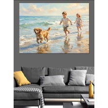 Artmeg Sahilde Koşan Çocuklar ve Köpek Dekoratif Kanvas - Mdf Ahşap Tablo