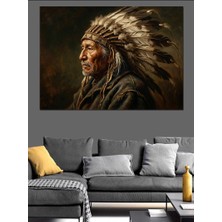 Artmeg Tüylü Başlıklı Kızılderili Reisi Portresi Dekoratif Kanvas - Mdf Ahşap Tablo