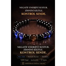 Tesbih Atölyesi Erilsa Sertifikalı Mavi Akik Dumanlı Kuvars Obsidyen Bileklik 8 mm Terahertz Aparatlı Unisex
