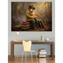 Artmeg Kitaplar Üzerinde Oturan Küçük Çocuk Dekoratif Kanvas - Mdf Ahşap Tablo