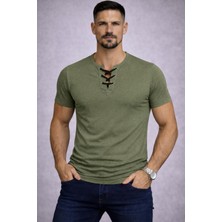 By Bülent Bybülent Özel Üretim Haki Yeşil Ipli Yaka Geniş Yaka Bisiklet Yaka Tişört Tshirt