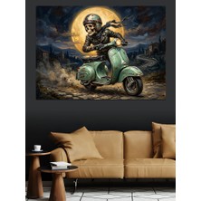 Artmeg Motoruyla Ay Işığında Iskelet Sürücü Dekoratif Kanvas - Mdf Ahşap Tablo