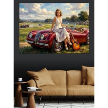 Artmeg Kırmızı Klasik Araba ve Kadın Dekoratif Kanvas - Mdf Ahşap Tablo