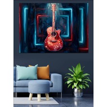 Artmeg Neon Işıklar Içinde Kırmızı Gitar Dekoratif Kanvas - Mdf Ahşap Tablo