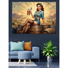 Artmeg Bira Fıçısında Oturan Pin-Up Dekoratif Kanvas - Mdf Ahşap Tablo