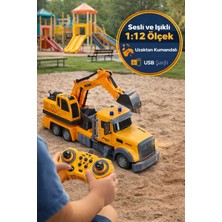 Toyfest 1:12 Uzaktan Kumandalı Iş Makinesi Sesli Işıklı USB Şarjlı Ekskavatörlü Oyuncak Tır 35 cm 2.4 Ghz Rc