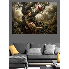 Artmeg Ağaç Dalında Kuşla Konuşan Kadın Dekoratif Kanvas - Mdf Ahşap Tablo