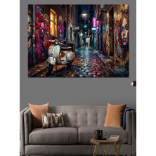 Artmeg Gece Şehrinde Beyaz Klasik Vespa Dekoratif Kanvas - Mdf Ahşap Tablo