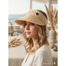 Reva Kadın Bej Hasır Vizör Şapka – Fiyonk Detaylı Geniş Siperlikli Yazlık Şapka